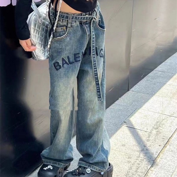 バレンシアガ ガールズ デニムパンツ ジーンズ ロング丈 Balenciaga ジーパン ゆったり ワイドパンツ 子供服 女の子 ズボン ウェストゴム キッズ服 女児 可愛い 韓国版 オシャレ 春秋冬