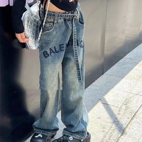 バレンシアガ ガールズ デニムパンツ ジーンズ ロング丈 Balenciaga ジーパン ゆったり ワイドパンツ 子供服 女の子 ズボン ウェストゴム キッズ服 女児 可愛い 韓国版 オシャレ 春秋冬