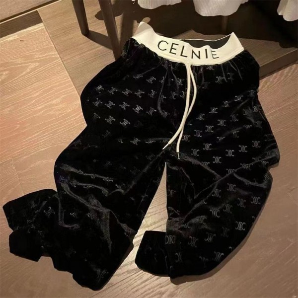 ブランド セリーヌ パンツ レディース ベルベット CELINE ワイドパンツ ハイウエスト ズボン ウェストゴム 伸縮性 ロングパンツ 大きいサイズ ゆったり ボトムス 着痩せ 美脚 防寒 暖かい 通勤 秋 冬