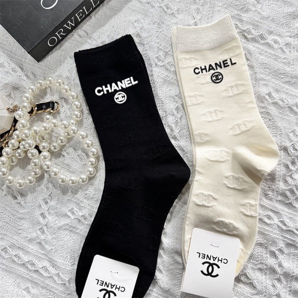 Chanel シャネルハイブランド ソックス 綿製レディース向け 靴下 2点セット かわいい コットン 靴下 メンズ 通気性ブランドミドルソックス 高品質