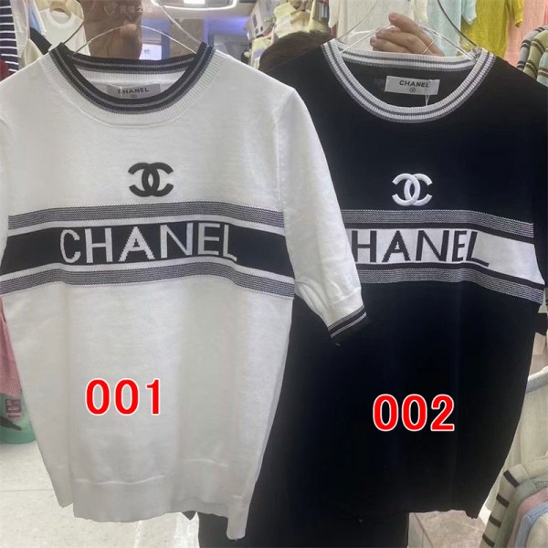 Chanel シャネル ニットtシャツ 半袖 レディース ブランド ジャカード 丸首 トップス カットソー ティーシャツ カジュアル 女性 夏服 体型カバー 着瘦せ 大人 きれいめ ファッション オフィス 普段着 春夏