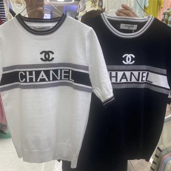 Chanel シャネル ニットtシャツ 半袖 レディース ブランド ジャカード 丸首 トップス カットソー ティーシャツ カジュアル 女性 夏服 体型カバー 着瘦せ 大人 きれいめ ファッション オフィス 普段着 春夏