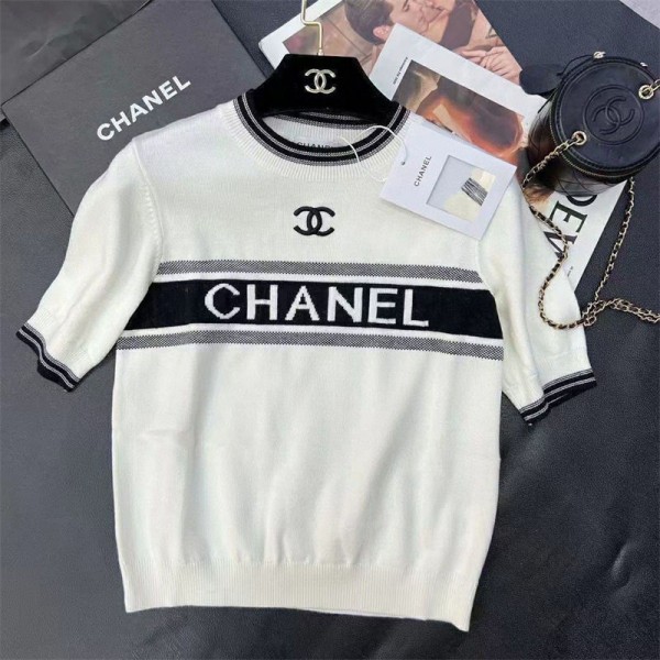 Chanel シャネル ニットtシャツ 半袖 レディース ブランド ジャカード 丸首 トップス カットソー ティーシャツ カジュアル 女性 夏服 体型カバー 着瘦せ 大人 きれいめ ファッション オフィス 普段着 春夏