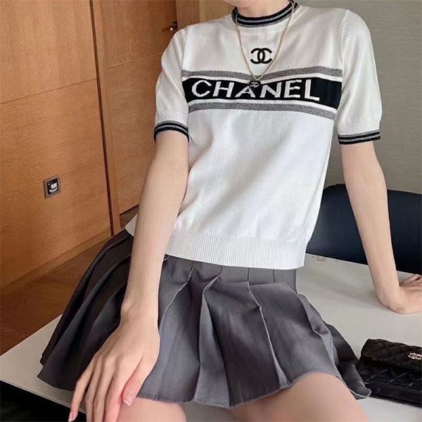 Chanel シャネル ニットtシャツ 半袖 レディース ブランド ジャカード 丸首 トップス カットソー ティーシャツ カジュアル 女性 夏服 体型カバー 着瘦せ 大人 きれいめ ファッション オフィス 普段着 春夏