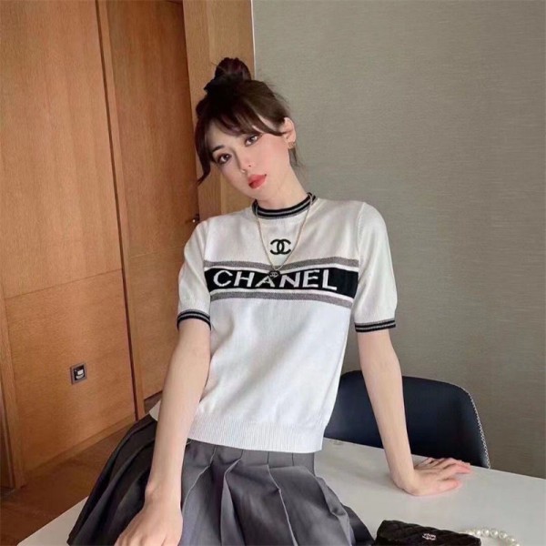 Chanel シャネル ニットtシャツ 半袖 レディース ブランド ジャカード 丸首 トップス カットソー ティーシャツ カジュアル 女性 夏服 体型カバー 着瘦せ 大人 きれいめ ファッション オフィス 普段着 春夏