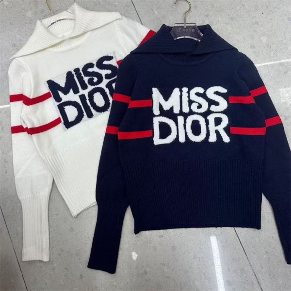 Dior ディオールブランドセーター ラペル  ニット レディース 長袖 リブ レイジースタイル S - XL プルオーバー トップス ストレッチ ふんわり 大きいサイズ ゆったり カットソー 着痩せ 体型カバー オフィス 通勤 秋冬春