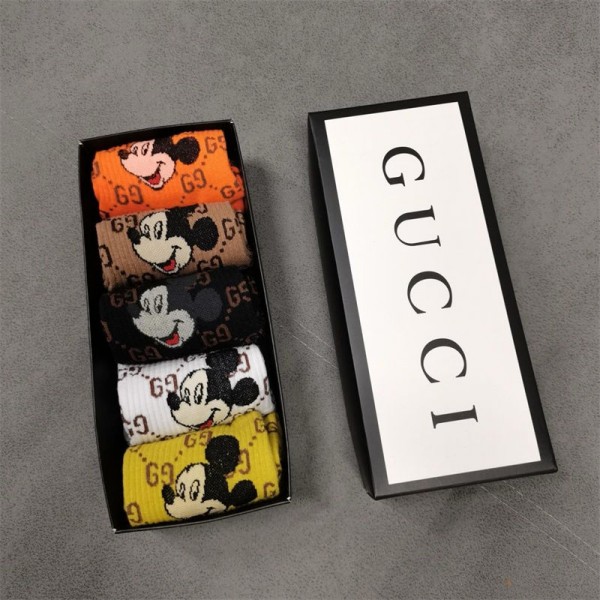 Gucci グッチハイブランド ソックス 綿製ブランド ストッキング 5足セット 大人気ブランドミドルソックス 高品質 ディズニー柄ソックス 女の子好き 韓国