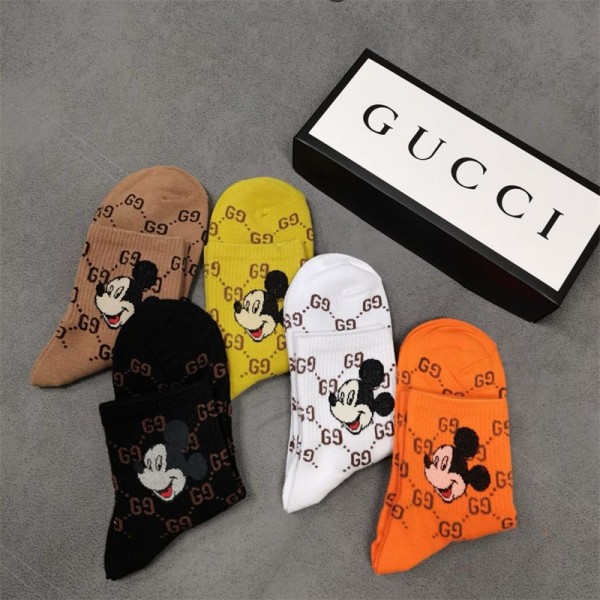 Gucci グッチハイブランド ソックス 綿製ブランド ストッキング 5足セット 大人気ブランドミドルソックス 高品質 ディズニー柄ソックス 女の子好き 韓国