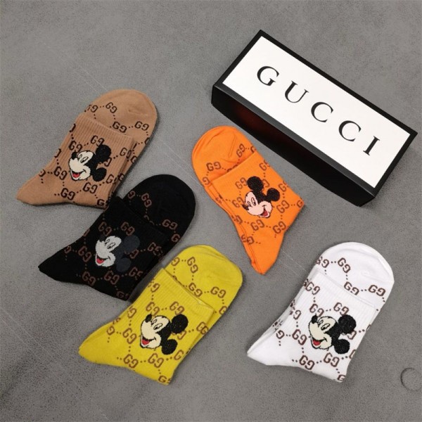 Gucci グッチハイブランド ソックス 綿製ブランド ストッキング 5足セット 大人気ブランドミドルソックス 高品質 ディズニー柄ソックス 女の子好き 韓国