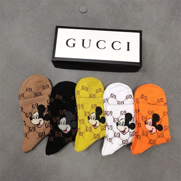 Gucci グッチハイブランド ソックス 綿製ブランド ストッキング 5足セット 大人気ブランドミドルソックス 高品質 ディズニー柄ソックス 女の子好き 韓国