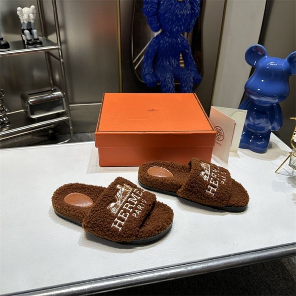 Hermes エルメススリッパ 秋冬用 あったか かわいい ハイブランド ルームシューズ 暖かい もこもこ ふわふわ 室内履き レディース メンズ 滑り止め 軽量 保温 静音 防寒 225¬255cm