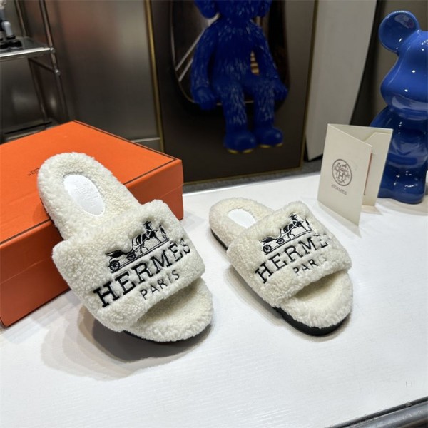 Hermes エルメススリッパ 秋冬用 あったか かわいい ハイブランド ルームシューズ 暖かい もこもこ ふわふわ 室内履き レディース メンズ 滑り止め 軽量 保温 静音 防寒 225¬255cm