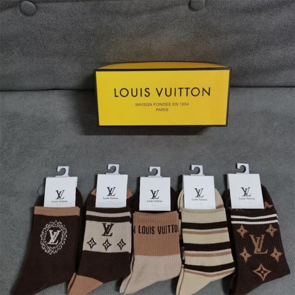 Lv ルイヴィトンハイブランド 靴下 メンズ 春秋冬 5足セット ソックス レディース 暖かい 防臭 吸汗 抗菌 24-28cm 柔らかい綿 素材 おしゃれ ソックス カジュアル