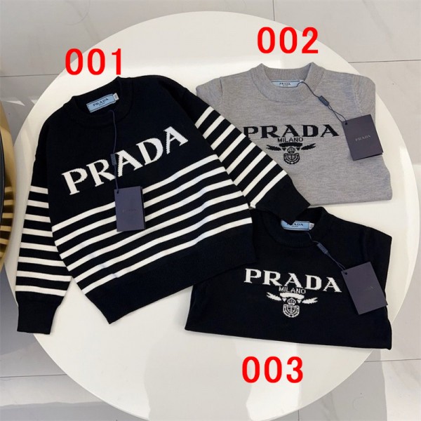 Prada プラダ ハイブランド プルオーバーニット 偽物 子供服 ニットセーター 男の子 女の子 クルーネック 長袖 丸首 綿 キッズ 春秋冬 シンプル 通学 ボーイズ ガールズ  インナー 防寒 