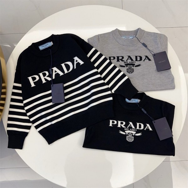 Prada プラダ ハイブランド プルオーバーニット 偽物 子供服 ニットセーター 男の子 女の子 クルーネック 長袖 丸首 綿 キッズ 春秋冬 シンプル 通学 ボーイズ ガールズ  インナー 防寒 