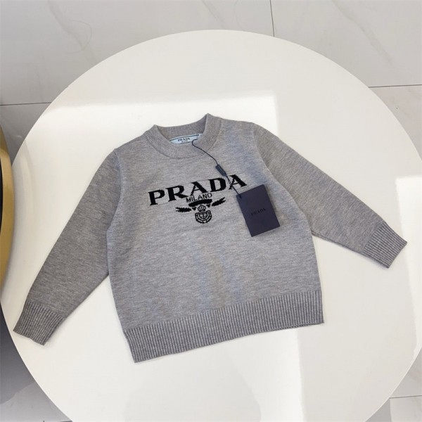 Prada プラダ ハイブランド プルオーバーニット 偽物 子供服 ニットセーター 男の子 女の子 クルーネック 長袖 丸首 綿 キッズ 春秋冬 シンプル 通学 ボーイズ ガールズ  インナー 防寒 