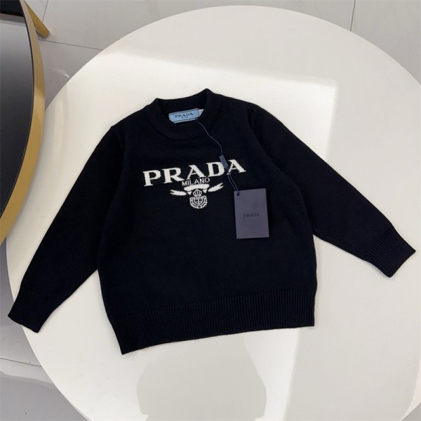 Prada プラダ ハイブランド プルオーバーニット 偽物 子供服 ニットセーター 男の子 女の子 クルーネック 長袖 丸首 綿 キッズ 春秋冬 シンプル 通学 ボーイズ ガールズ  インナー 防寒 