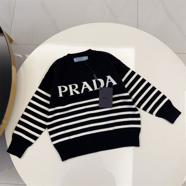 Prada プラダ ハイブランド プルオーバーニット 偽物 子供服 ニットセーター 男の子 女の子 クルーネック 長袖 丸首 綿 キッズ 春秋冬 シンプル 通学 ボーイズ ガールズ  インナー 防寒 