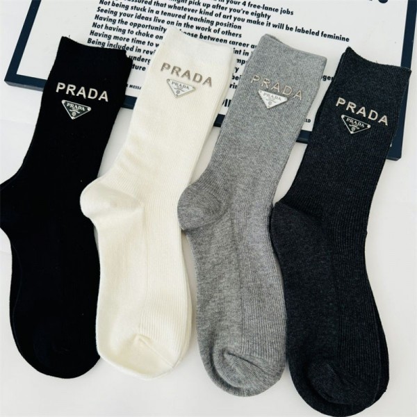 Prada プラダ ハイブランド ソックス 綿製レディース向け 靴下 かわいいコットン 靴下 メンズ 通気性ブランドミドルソックス 高品質